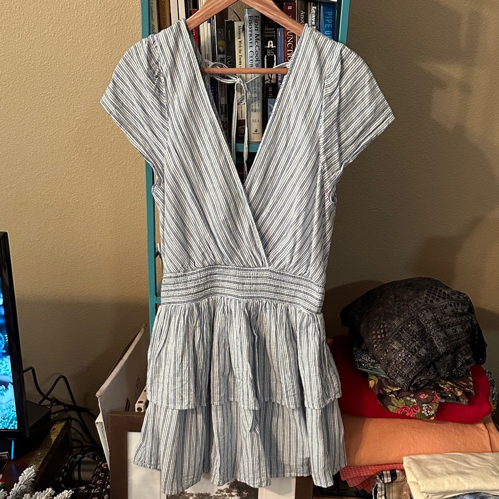 American Eagle Outfitters Blue and White Striped Cotton Linen Blend Dresd